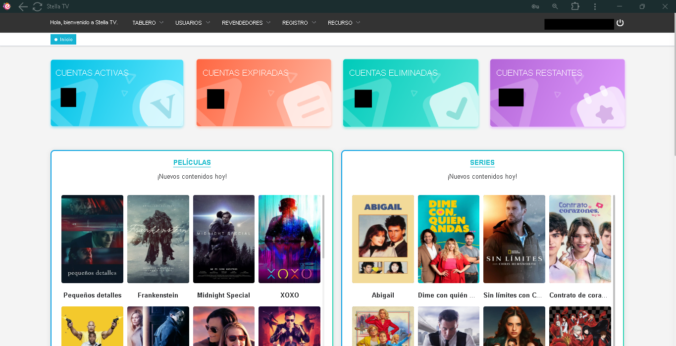 Panel de control Reseller StellaTV interfaz de usuario gestión de creditos